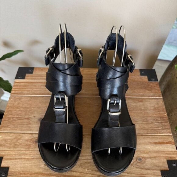 Surface to Air Black Leather Double Ankle Wrap Silver Buckle Block Heel Sandal - Picture 3 of 15